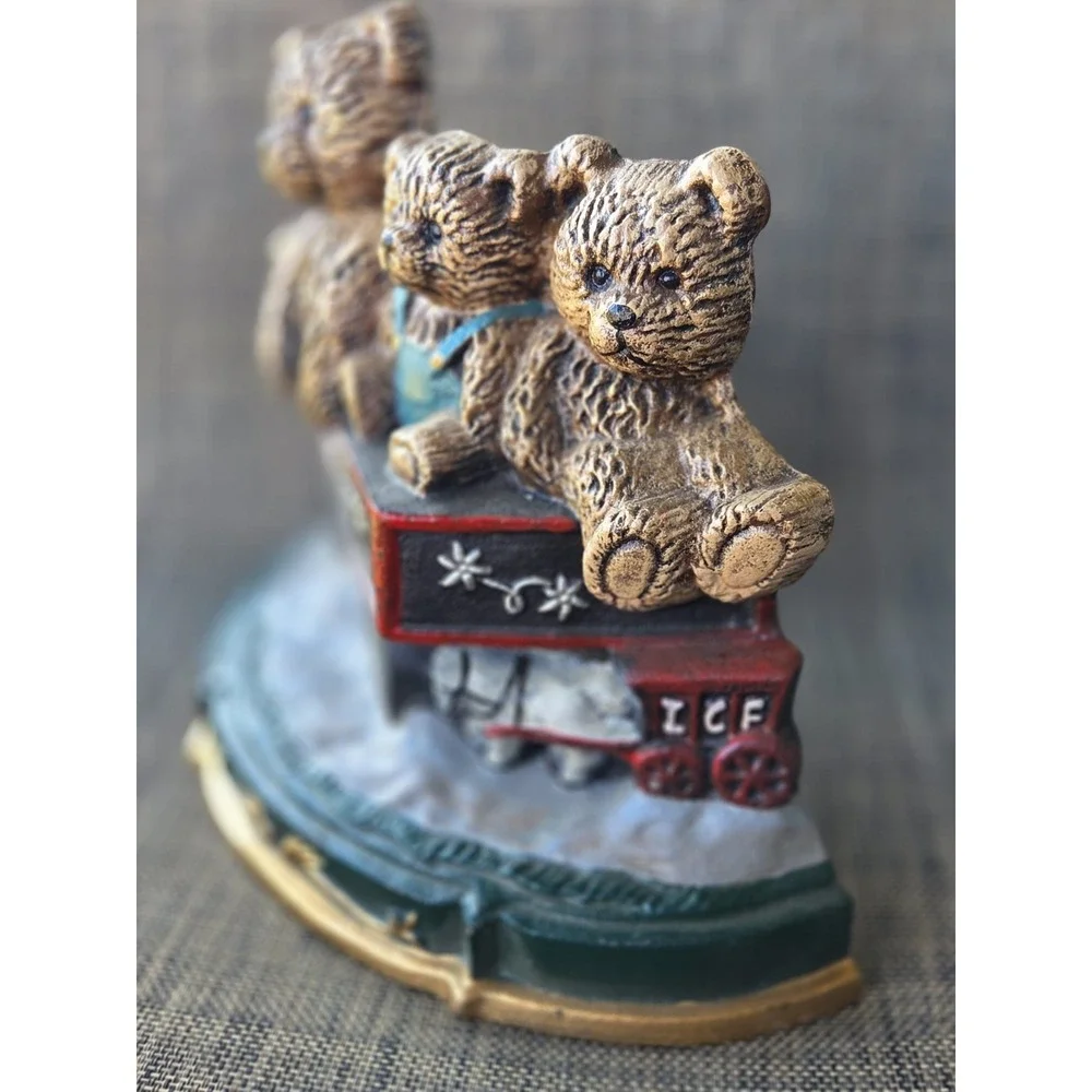 Vtg 🧸 Three Teddy Bear Cast Iron Train Car Doorstop Bookend Decor Heavy